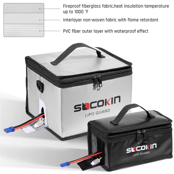Socokin Lipo Battery Safe Bag Fire and Explosion Proof - 2 Pack (Large & Small) - Picture 3 of 5